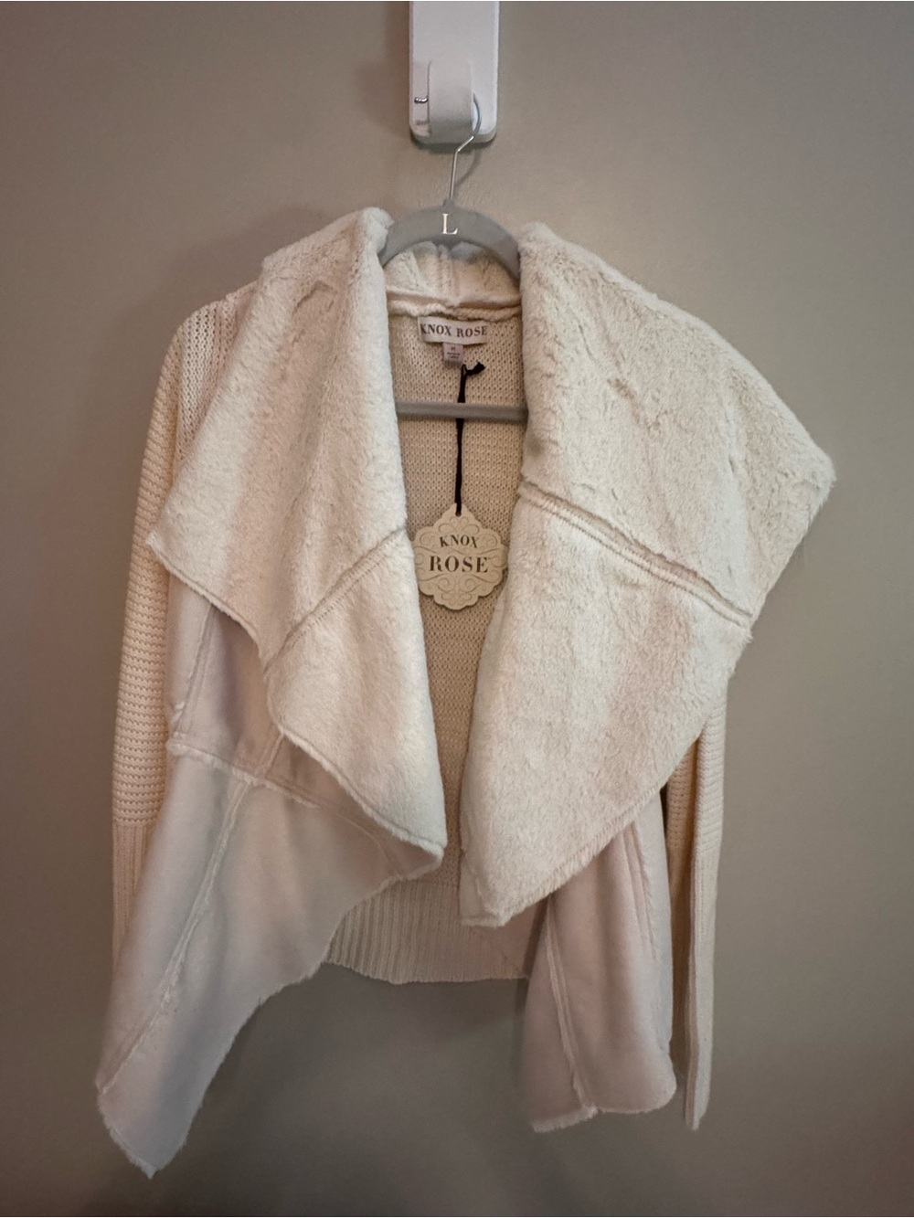 Knox Rose Women’s M Sherpa Cardigan Sweater Cream Draped Open Front NWT